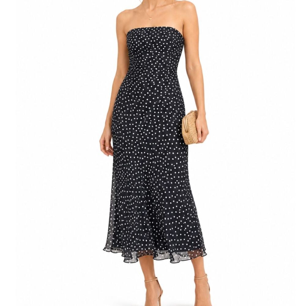 Molly NY Black Womens Size 8 Polka Dot Shimmer Strapless Tie waist Midi Dress